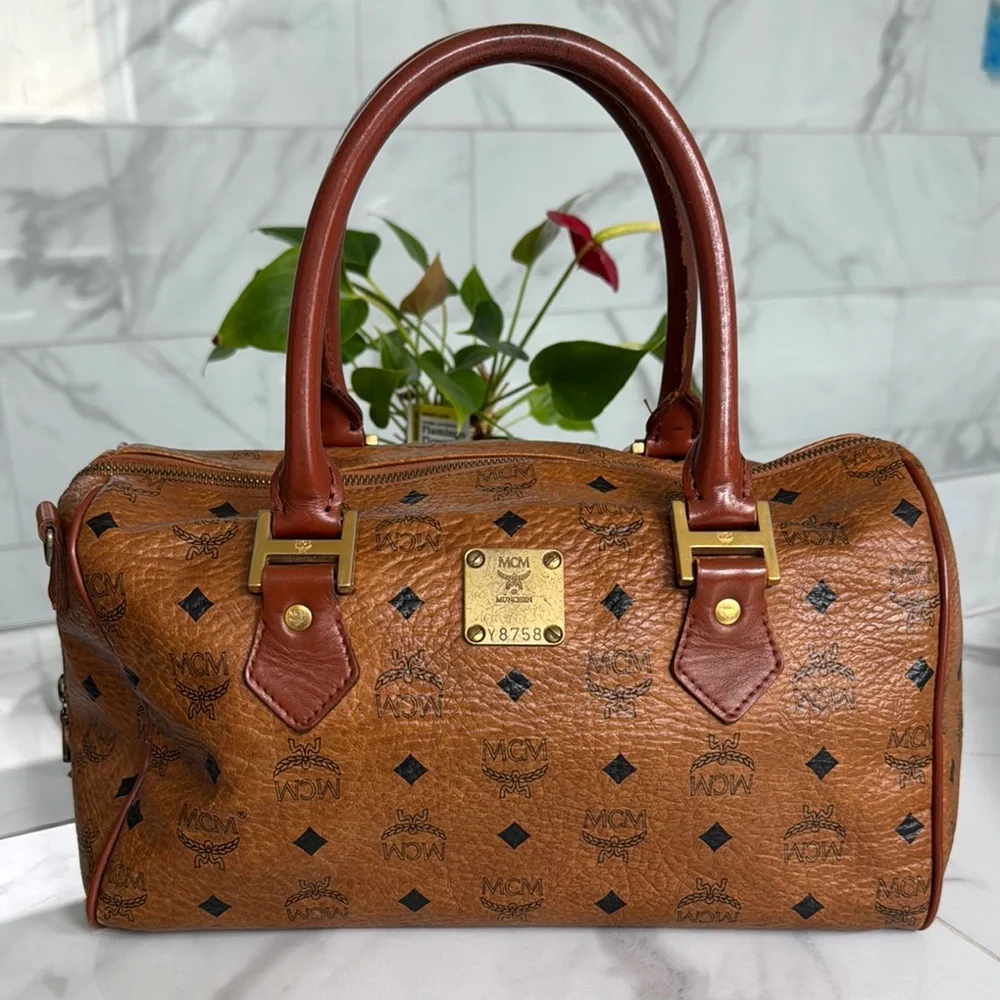 MCM Brown Hand Bag with Signature Logo and Gold Hardware